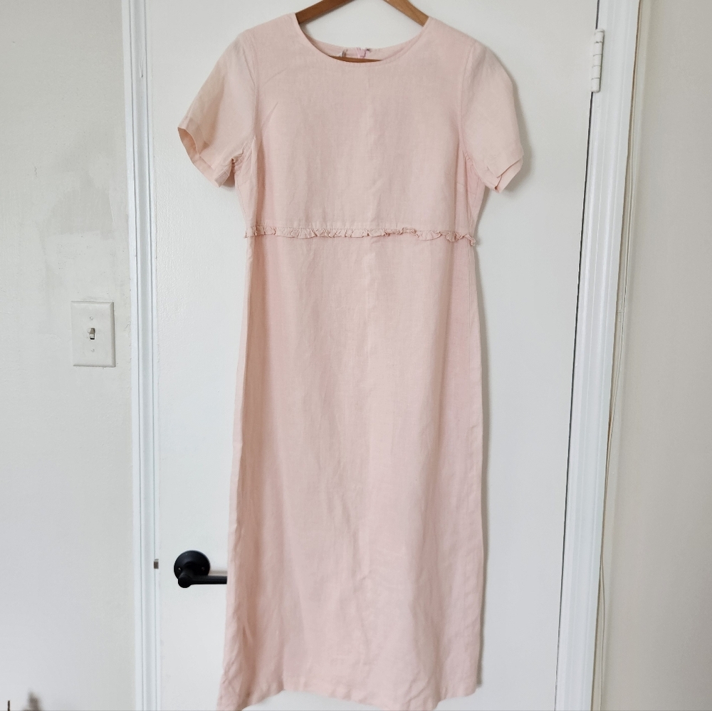 Talbots Petites Irish Linen Long Dress 10 Pink Modest Vintage Pastel Feminine